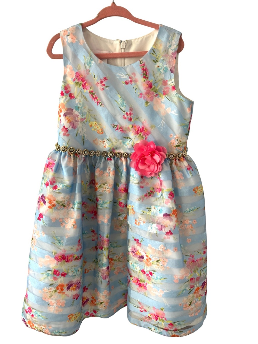 Bonnie Jean Blue Floral Party Dress with Pink Rosette Twirl Dress